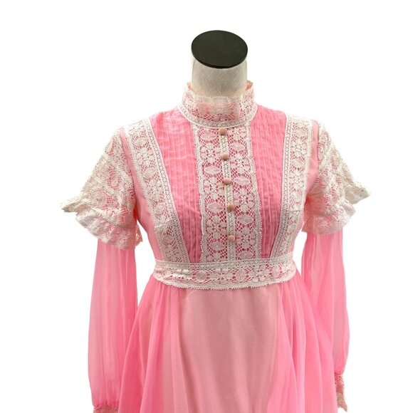 60s 70s Pink and Cream Lace Vintage Maxi-Gown Renaissance Cottagecore - Picture 3 of 12